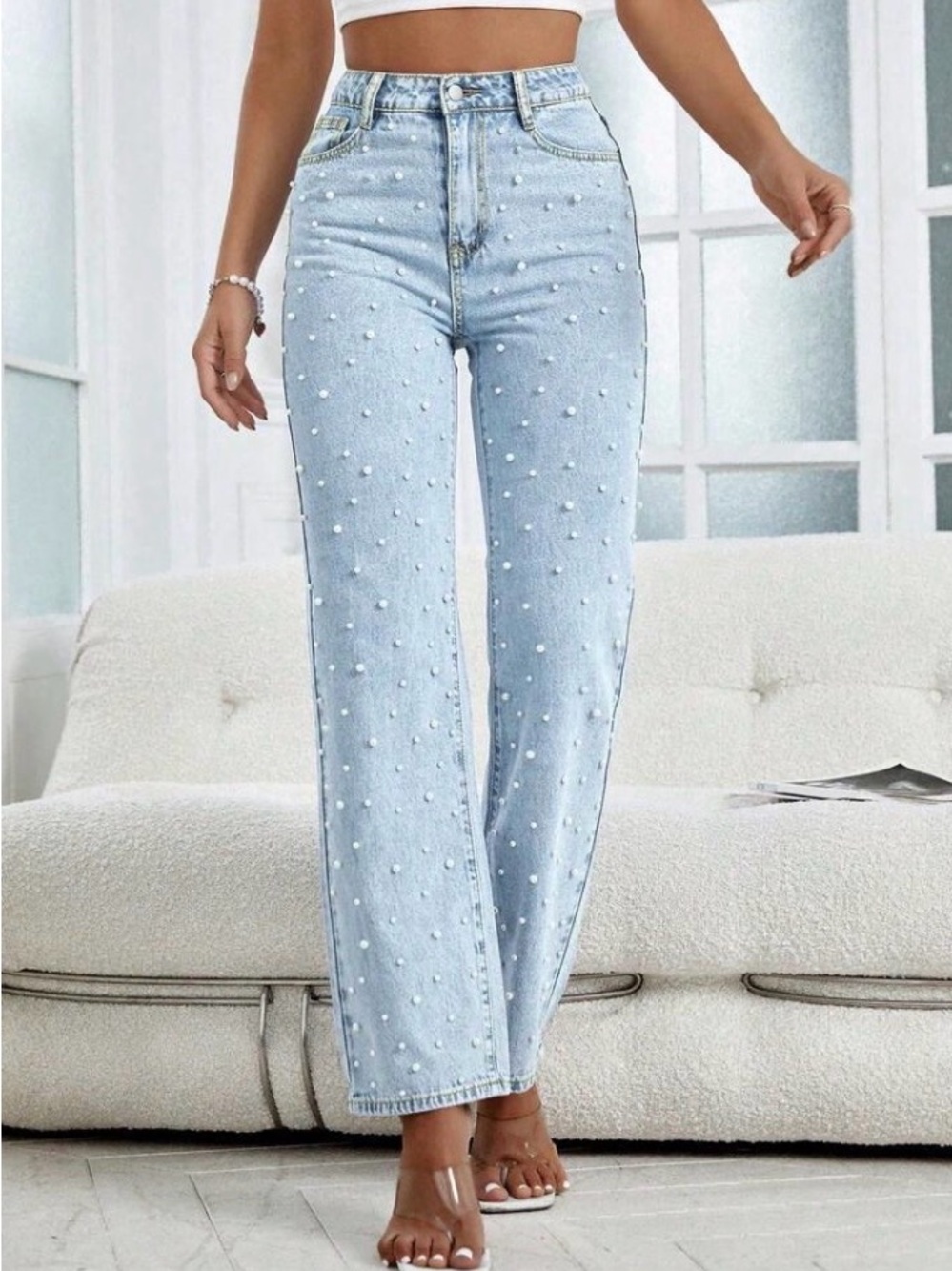 Light Blue Pearl-Embellished Women’s Jeans